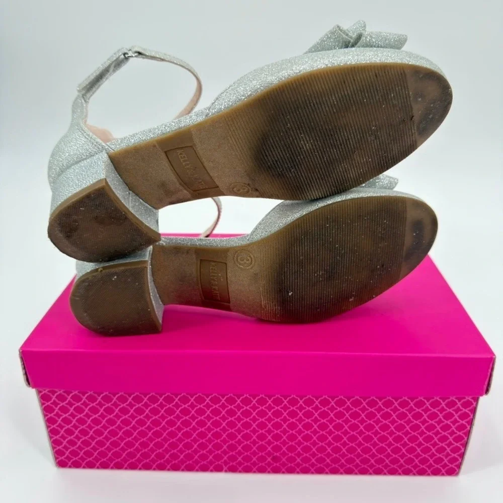 Kelly & Katie Victoria Kids Silver Glitter Bow Block Heel Dress Shoes Size 3M